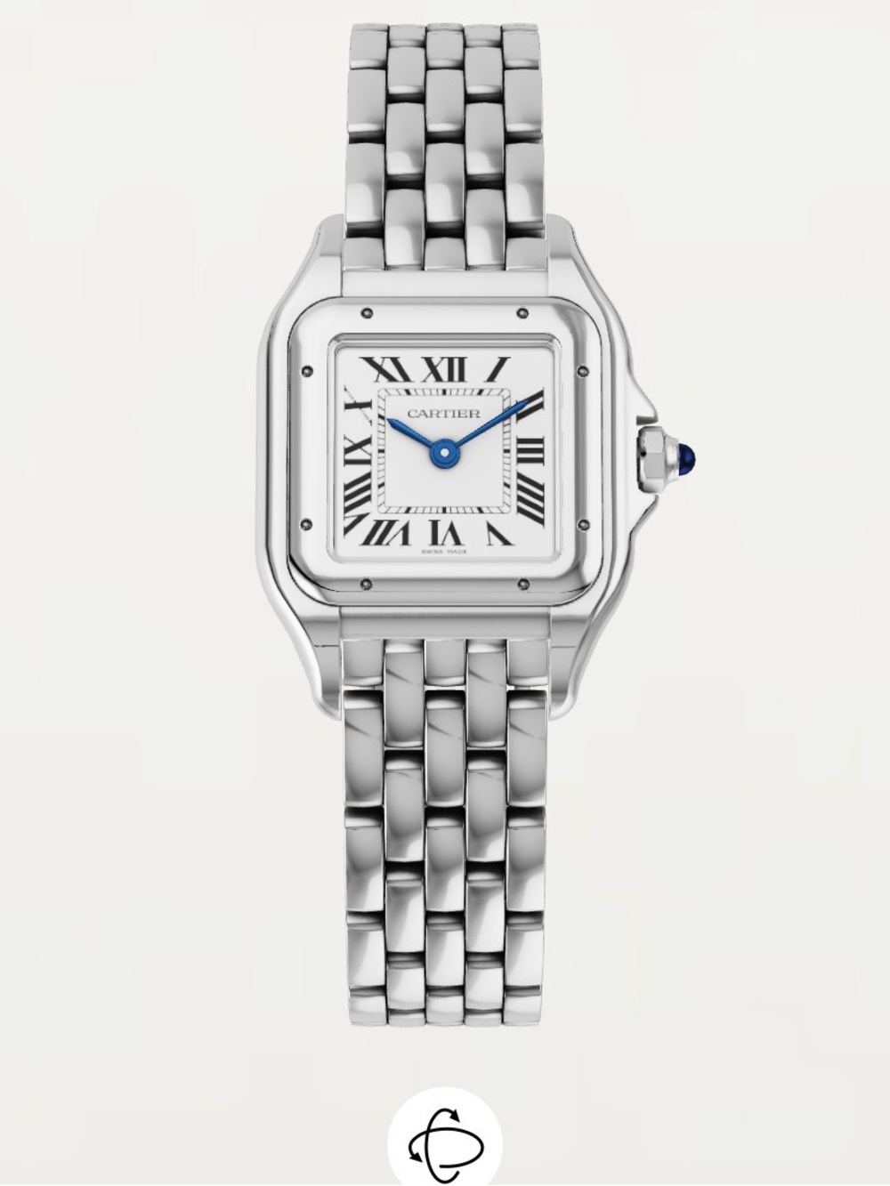 Cartier Stainless Steel Watch with Blue Hands and Cabochon, Guarantee 8 years
S